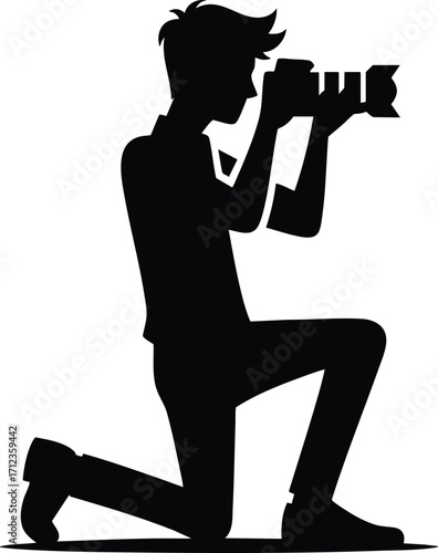 Black silhouette of a young photographer with a camera vector illustration isolated on a white background