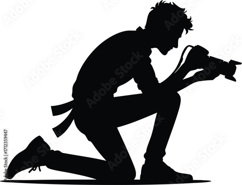 Black silhouette of a young photographer with a camera vector illustration isolated on a white background