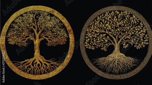 Two designs, one with a golden tree of life and the other with roots. The designs are set against a black background. There should be no shadows on white or transparent backgrounds.