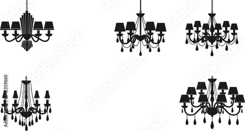 Elegant chandelier silhouette collection, luxury ceiling lamp designs, classic vintage lighting decor, ornate black vector illustration, decorative interior light fixture set