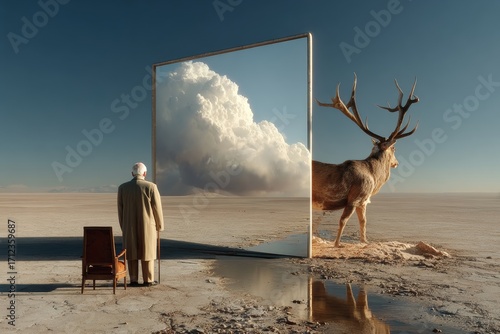 A surreal scene features a man, a portal to the clouds, and a majestic stag in a desert.