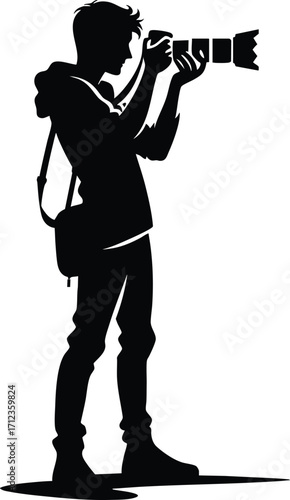 Black silhouette of a young photographer with a camera vector illustration isolated on a white background