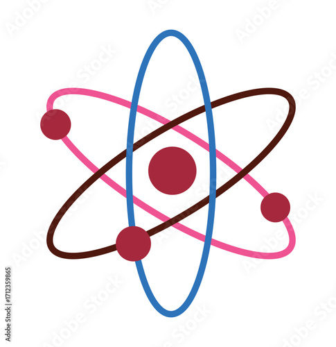 Colorful atom icon in a modern flat design. A symbol of science, physics, and nuclear energy for education and technology concepts, isolated on a white background.