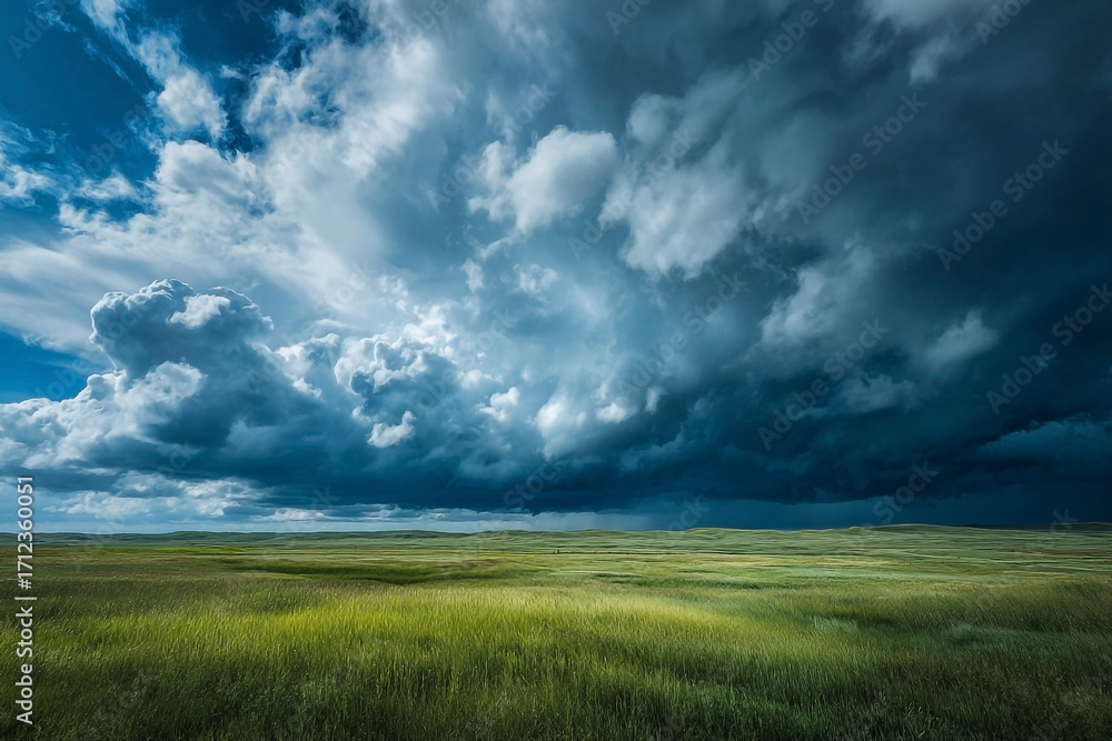 Obraz premium Dramatic Prairie Landscape with Approaching Storm Cloud Formation above open field