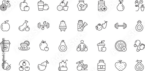 Fruits, Nutrition and Wellness Icons – Healthy Food, Vitamins, Fitness, Diet, Exercise, Juice, Healthcare and Lifestyle Line Vector Pack