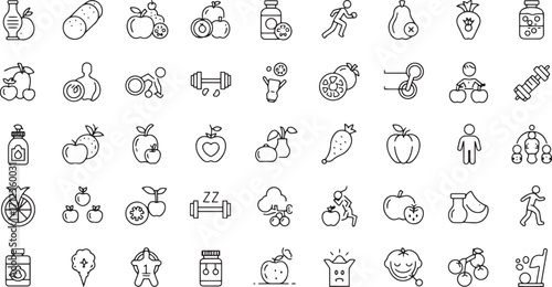 Healthy Nutrition and Fitness Icons – Fruits, Vegetables, Supplements, Exercise, Wellness, Diet and Healthcare Line Vector Pack