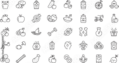 Nutrition and Healthy Lifestyle Icons – Fruits, Vegetables, Fitness, Wellness, Exercise, Juice Bottle, Diet and Healthcare Line Vector Collection