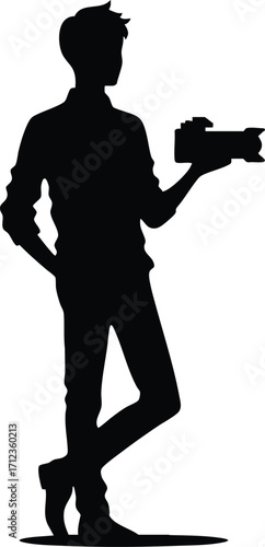 Black silhouette of a young photographer with a camera vector illustration isolated on a white background