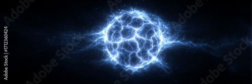 Glowing blue sphere surrounded by intense electric lightning bolts, representing energy, power, and futuristic electricity concepts.
