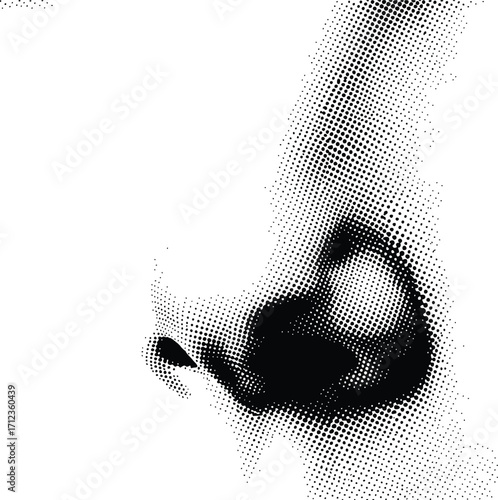 Abstract black and white graphic with halftone texture.