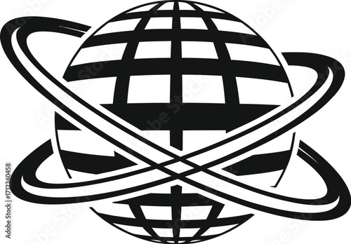 Black and white globe with orbital rings, global connection concept
