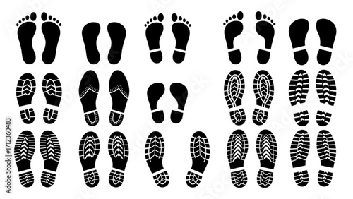 Stylized Foot and Shoe Prints Icons – Flat Black Silhouette Footwear Imprints on White Background