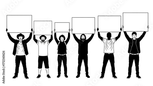 Protest Silhouette Illustration – Diverse Figures Holding Placards in Minimalist Black and White