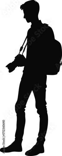 Black silhouette of a young photographer with a camera vector illustration isolated on a white background