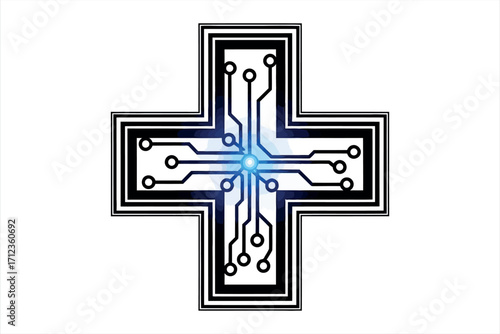 Digital circuit board cross symbol with glowing blue energy center technology
