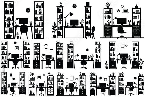 Multiple black silhouette home office setups with bookshelves
