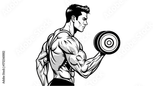 Muscular Man Lifting Dumbbell – Bold Graphic Fitness Illustration in Black and White