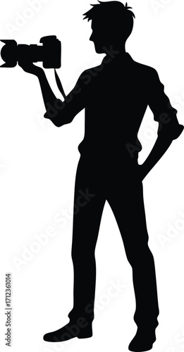 Black silhouette of a young photographer with a camera vector illustration isolated on a white background