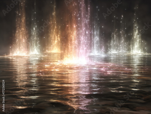 Wallpaper Mural Colorful water fountain display illuminates the night sky with dazzling lights at a waterfront location Torontodigital.ca