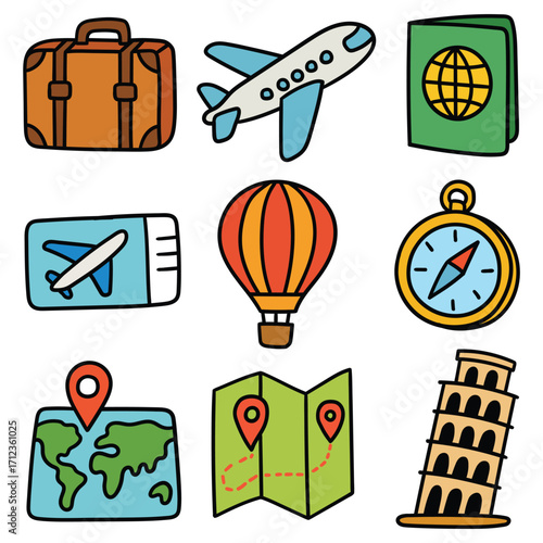 Hand-drawn cartoon travel and tourism icon set isolated on white background. Suitcase, airplane, passport, ticket, hot air balloon, compass, map, navigation, showplace. Vector illustration.