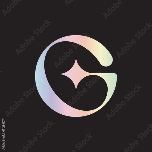 Holographic letter G logo design with a star in the center against a black background, creating a modern and mystical atmosphere, suitable for branding, web design, and creative projects
