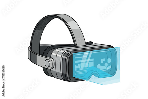 Gray virtual reality headset with glowing blue screen displaying data VR headset VR goggles