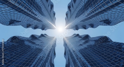 Abstract Digital Cityscape Under Bright Blue Sky