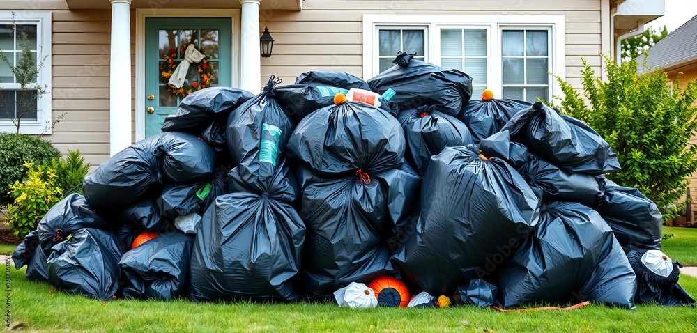 Fototapeta premium Pile of overflowing black garbage bags outside a home, suburb, plastic bags