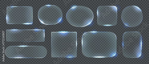 Collection of futuristic glass transparent light frame hud. Light glass white frames s Various shapes with radiant borders. Rectangle, circle and rounded designs with glowing edges on dark backdrop.