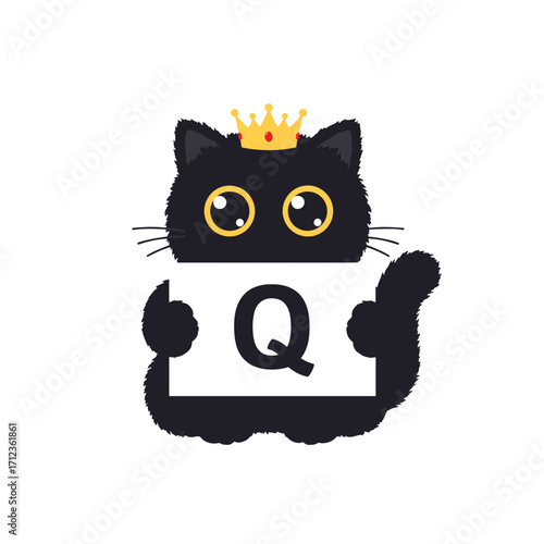 Flat icon of black fluffy cat wearing a small golden crown, holding a placard with letter “Q”, isolated