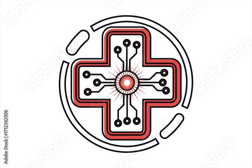 Red and Black Circuit Board Cross Symbol with Glowing Center technology medical symbol