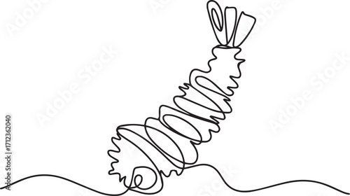 Continuous one line drawing of tempura with Japanese fried shrimp in minimalist modern style for food, restaurant, and cuisine concept