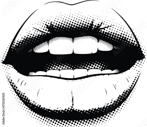 Close up of a smiling mouth with teeth and lips.