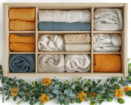 Organized clothes in a wooden box with dividers.  Organized storage