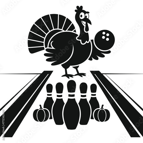 Funny cartoon turkey bowling with pumpkins on a lane