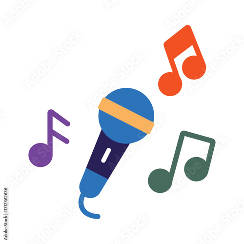 Colorful microphone and music notes icon in a modern flat design. A simple symbol for singing, karaoke, entertainment, and live performance concepts.