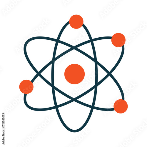 Modern atom icon in a flat design. A simple symbol of science, physics, and nuclear energy for education and technology concepts, isolated on a white background.
