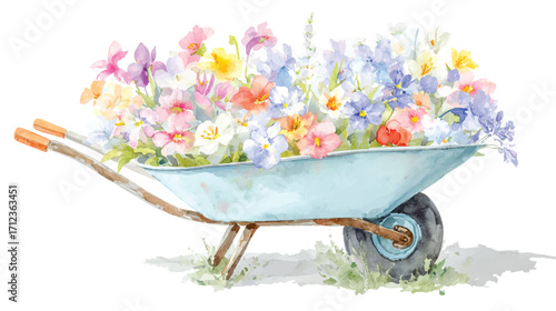 Watercolor wheelbarrow full of spring flowers clipart, on a white background with margins, soft colors. 