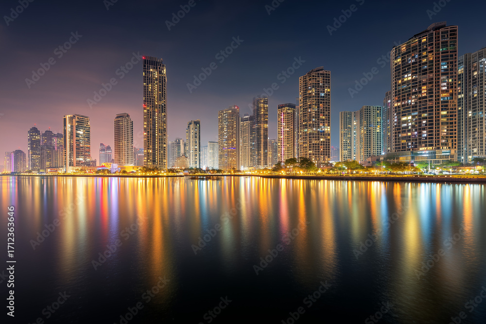 Fototapeta premium Night city skyline with illuminated buildings and reflections on river