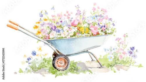 Watercolor wheelbarrow full of spring flowers clipart, on a white background with margins, soft colors. 
