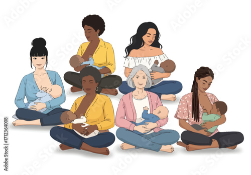 This image depicts group different mothers of varying ethnicities breastfeeding their babies.
