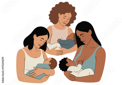 This image depicts group different mothers of varying ethnicities breastfeeding their babies.