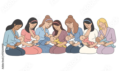This image depicts group different mothers of varying ethnicities breastfeeding their babies.