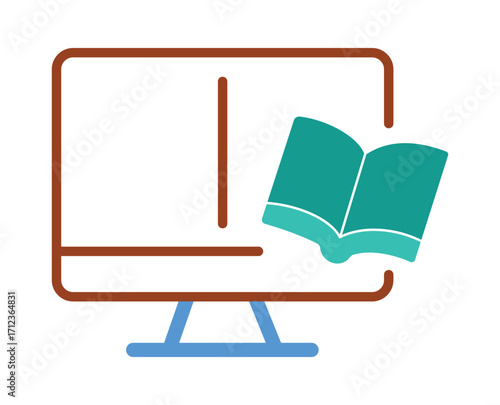 Online education and e-learning icon. A colorful flat design of a book and computer monitor for a digital library or online courses.