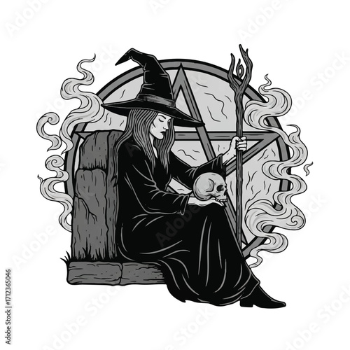 A witch in a pointed hat sits on a stone, holding a skull with a pentagram and smoke in the background.