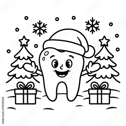 Happy tooth character wearing santa hat in winter scene with gifts