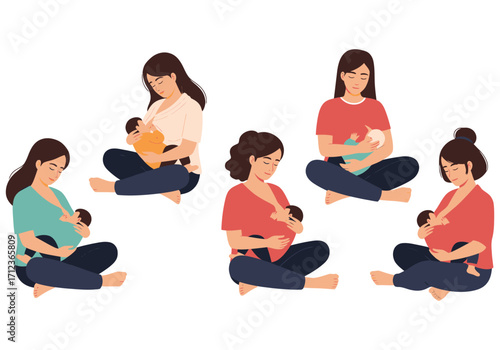Illustration showcasing various breastfeeding positions for mothers and infants.