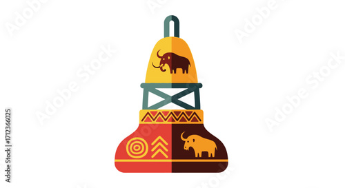 Ancient Tribal Bell with Mammoth and Geometric Patterns.