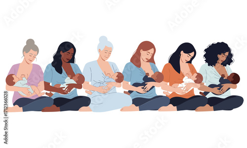 Illustration showcasing various breastfeeding positions for mothers and infants.