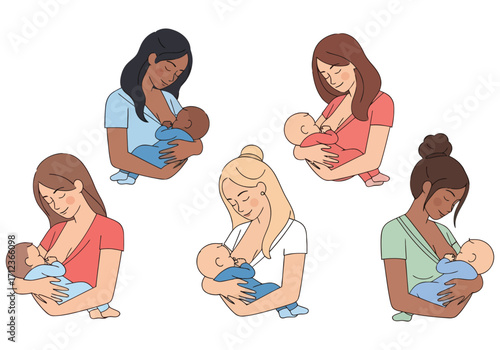 Illustration showcasing various breastfeeding positions for mothers and infants.